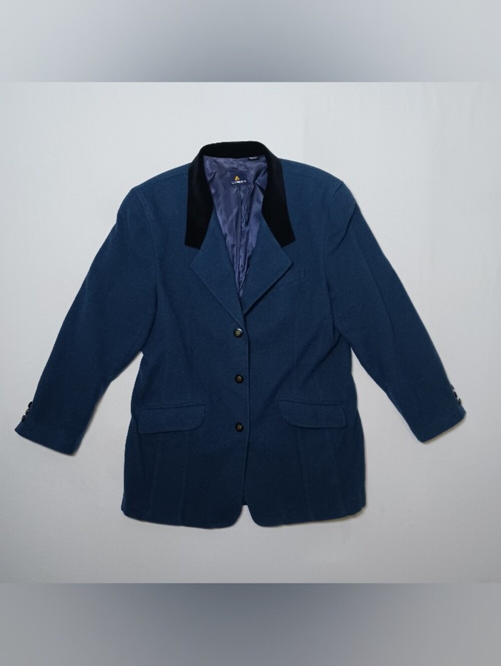 Vintage Liz Sport Wool Blend Blazer Size 14 Blue Black Velvet Collar Tweed
